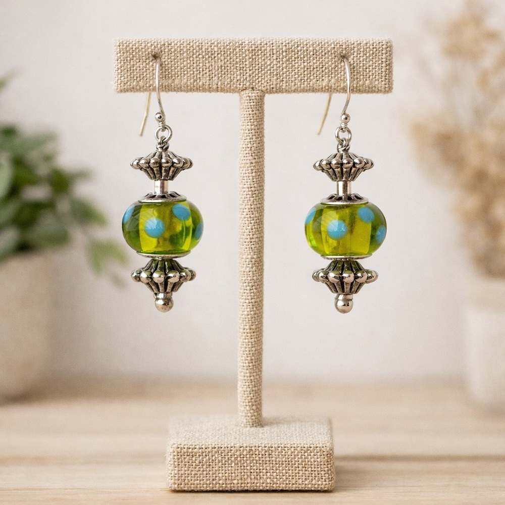 Lampwork Green Polka Dot Glass Dangle Earrings Silver Tone